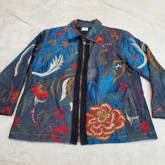 chicos Jackets & Blazers - Chicos Denim Embroidery Art to Wear Jacket Women Large Statement Artsy Grandma